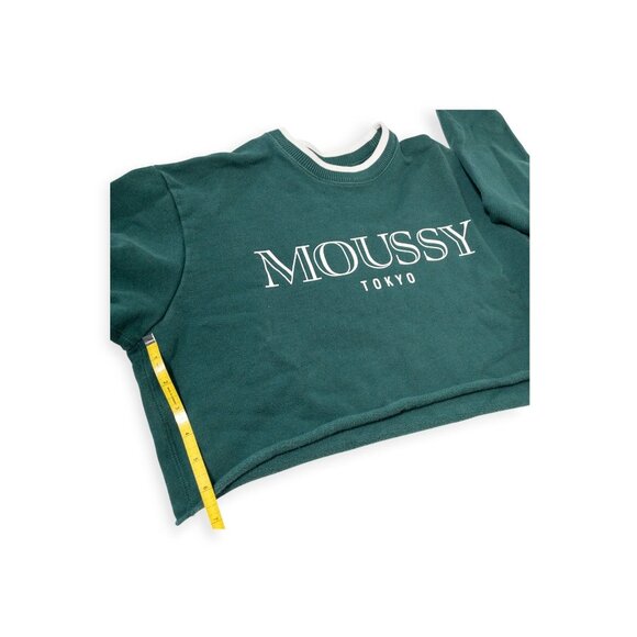 Moussy Tokyo Green Cropped Sweatshirt With Striped Cuffs & Collar Free Size 100% - Picture 9 of 10
